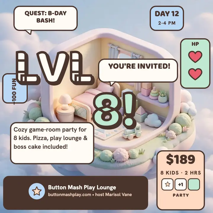 Button Mash cozy game birthday post template