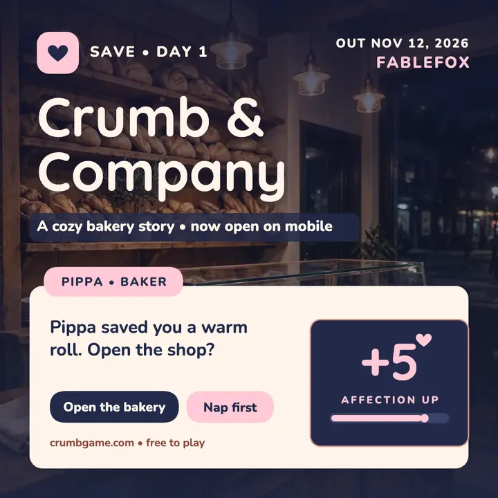 Crumb and Company cozy game launch dialogue template