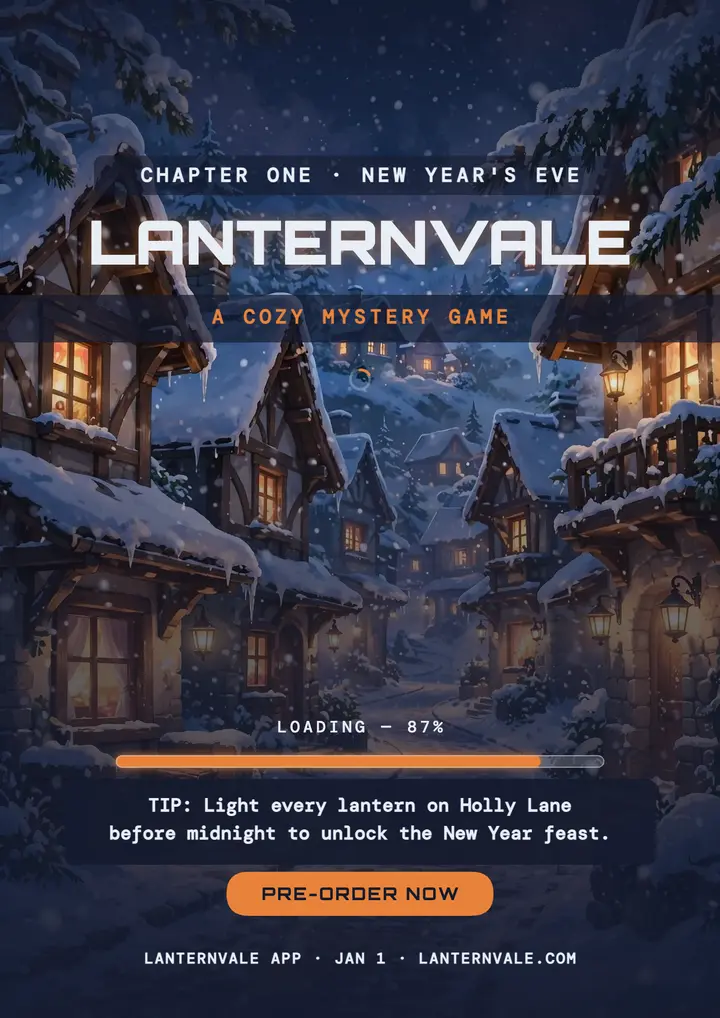 Lanternvale cozy game New Year flyer template