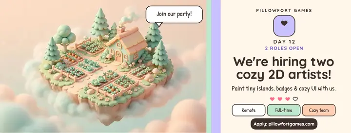 Pillowfort Games hiring cozy artists cover: hiring facebook cover template