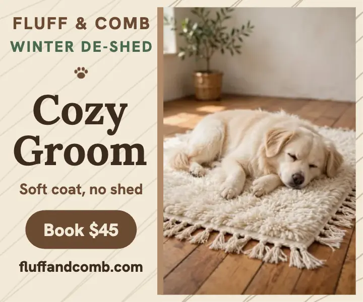 Fluff and Comb cozy winter groom ad template