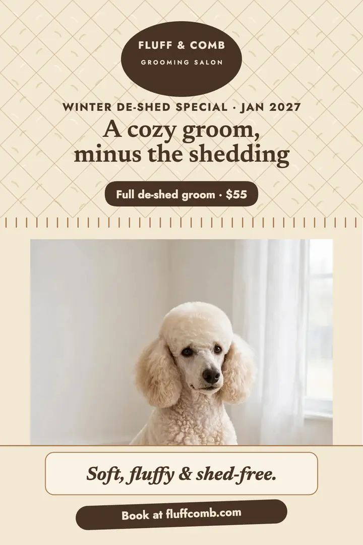 Fluff and Comb winter de-shed poster: pet grooming poster template