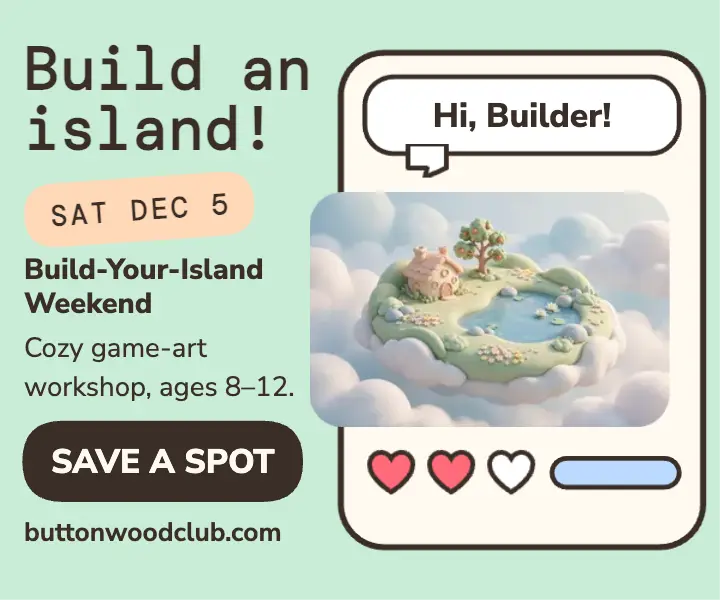 Buttonwood cozy island kids workshop ad: kids game art workshop ad template