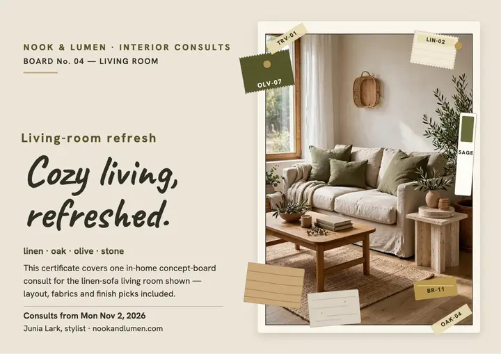 Cozy living refresh board certificate template