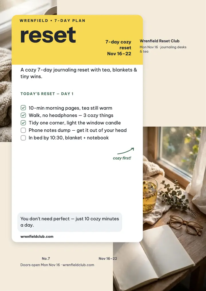 Wrenfield cozy reset planner flyer template