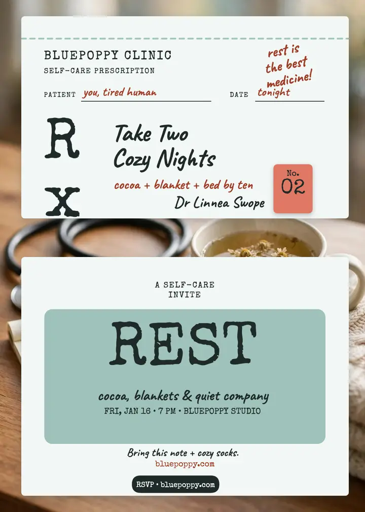 Bluepoppy cozy rest Rx invitation: self-care prescription invitation template