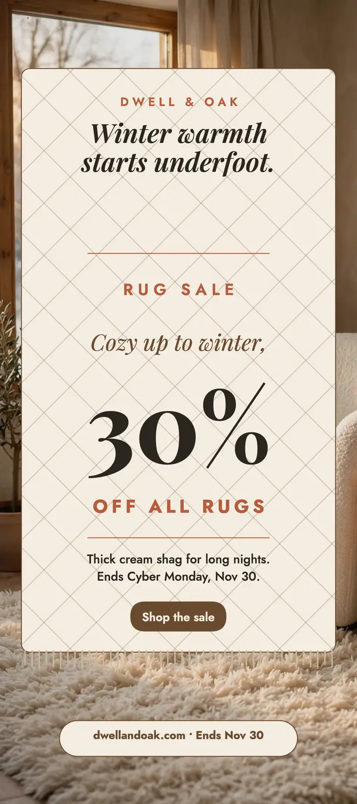 Dwell and Oak winter rug sale rack card template
