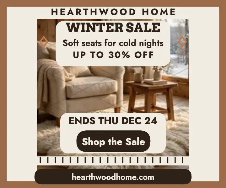 Hearthwood Home cozy winter sale ad template