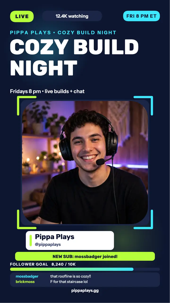 Pippa Plays cozy build night stream overlay: livestream overlay story template