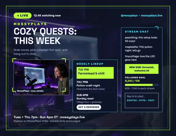 MossyPlays cozy weekly stream schedule template