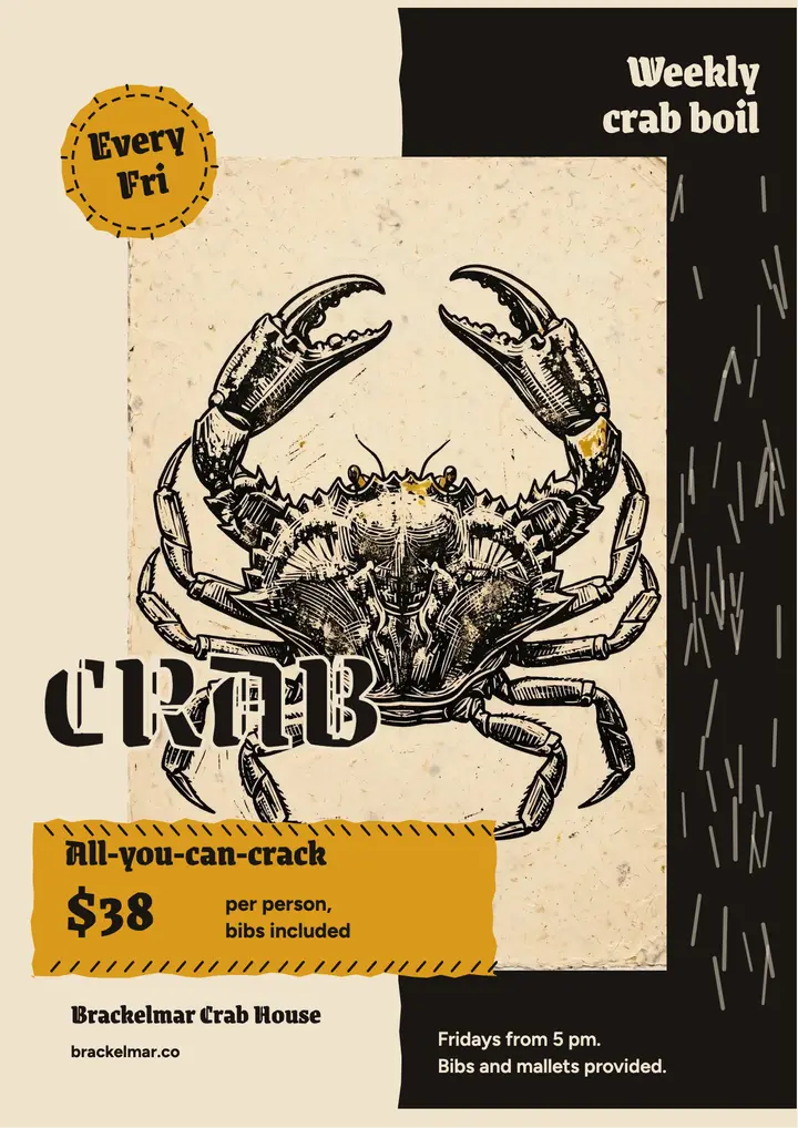 Brackelmar Crab House weekly crab boil linocut flyer template