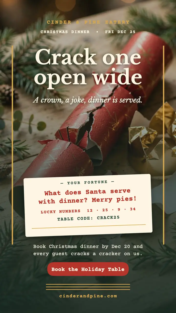 Cracker slip holiday story, Cinder and Pine: holiday dinner promo story template