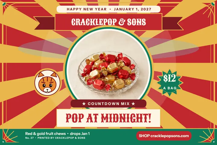 Cracklepop New Year candy drop postcard template