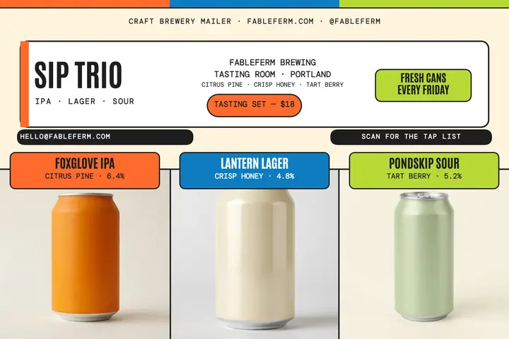 Fableferm can trio brewery postcard template