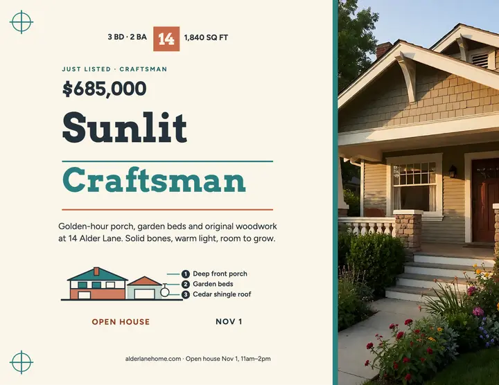 Sunlit craftsman cutaway flyer: real estate flyer template