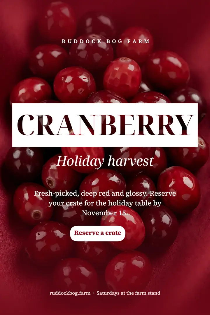 Ruddock Bog cranberry harvest poster, cherry gloss template