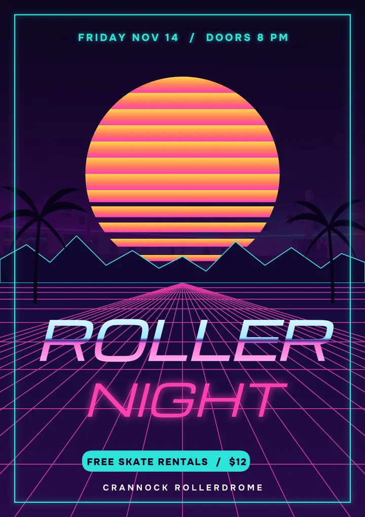 Roller disco night flyer, synthwave outrun template