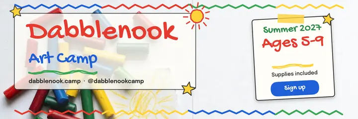 Dabblenook Art Camp summer sign-up header, crayon doodle: summer camp header template