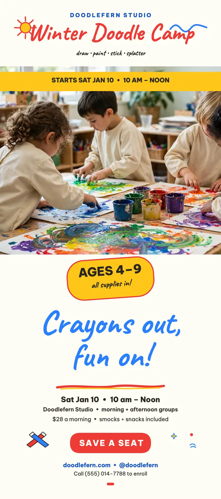 Winter Doodle Camp crayon rack card template