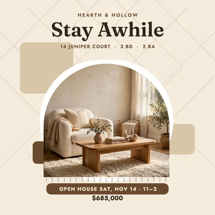 Cream shag living room listing square post template