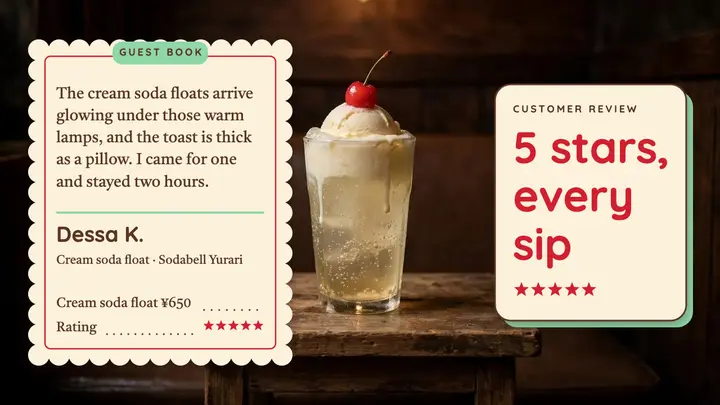 Cream soda café review thumbnail, kissaten Shōwa template
