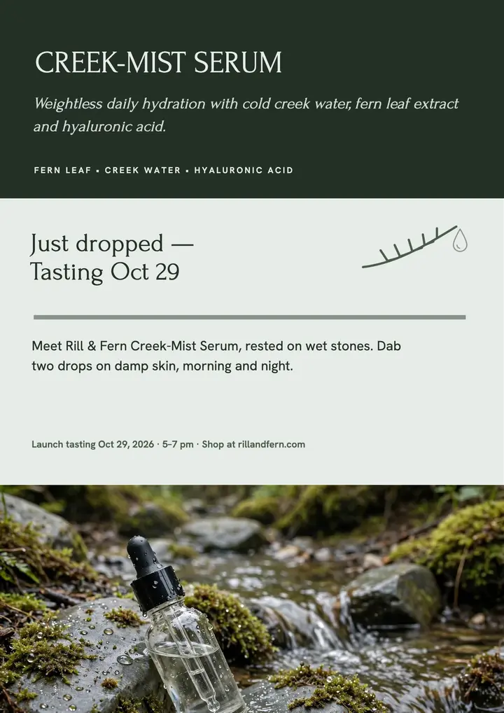 Rill and Fern creek serum launch flyer template