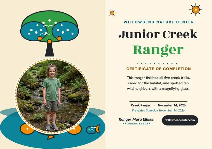 Junior Creek Ranger certificate, Willowbend: ranger certificate template