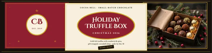 Cocoa Bell holiday truffle gift box banner: chocolate gift box banner template