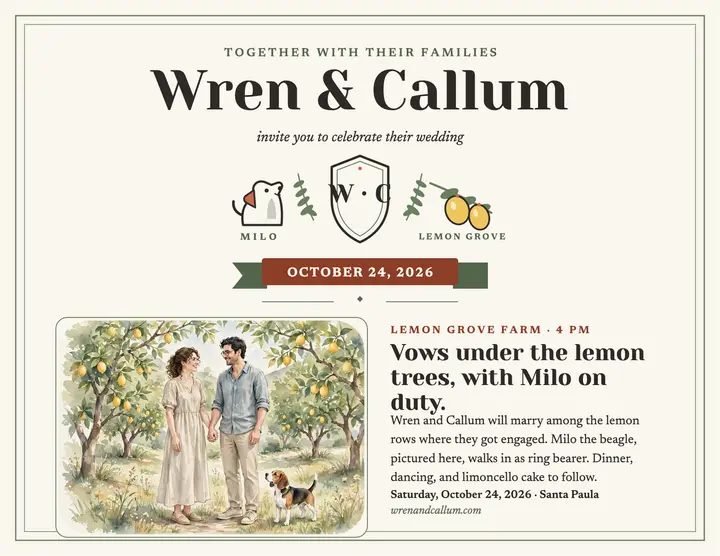 Wren and Callum crest wedding invitation template