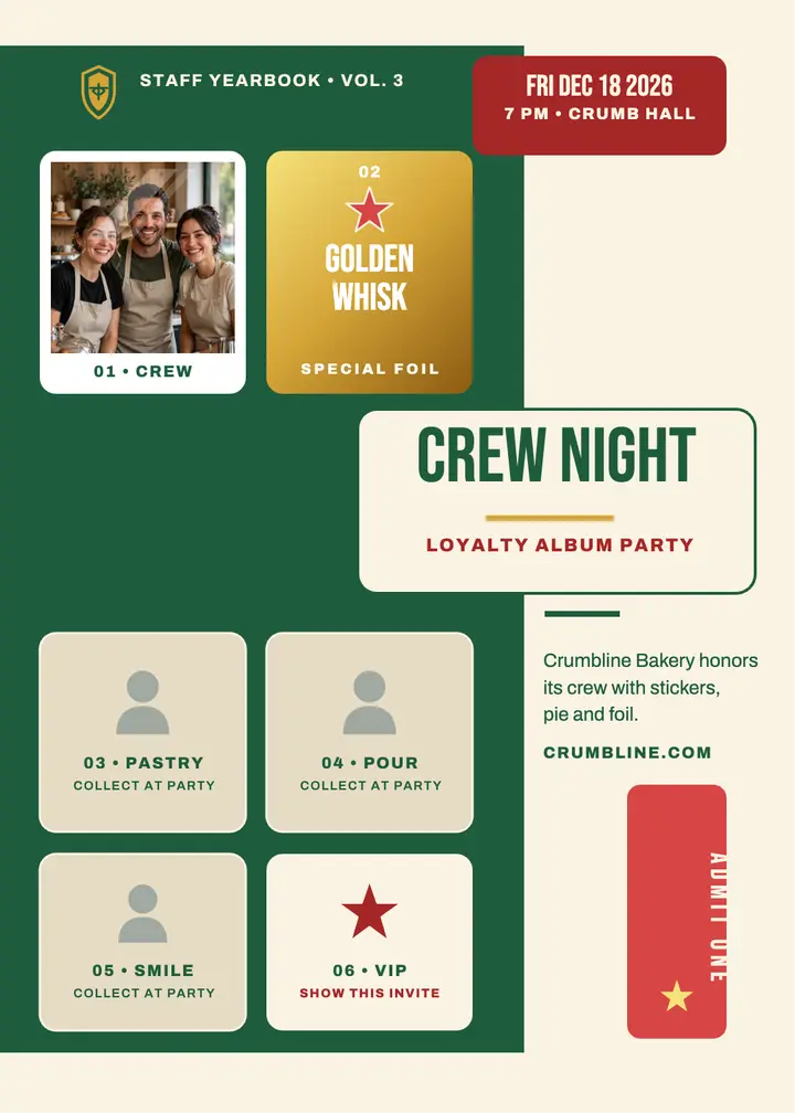 Crumbline Bakery Crew Night sticker album invitation: crew night invitation template