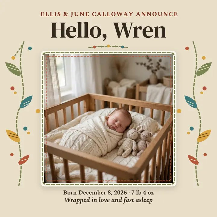 Hello Wren crewel baby announcement template