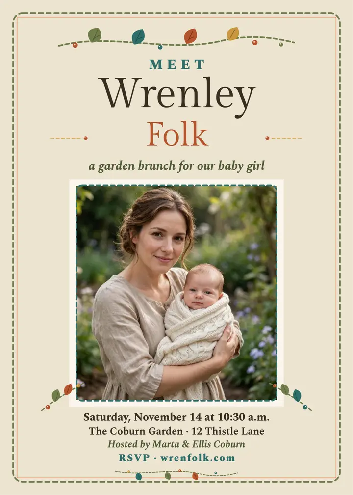 Wrenley Folk garden brunch welcome invitation: baby brunch invitation template