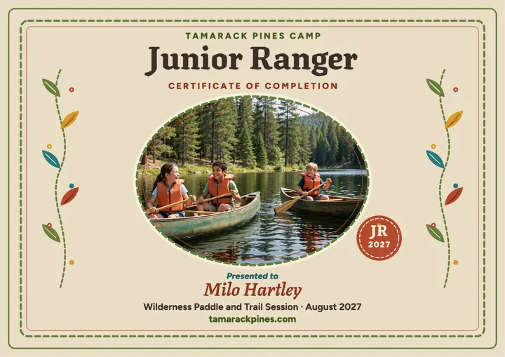 Tamarack Pines Junior Ranger certificate template