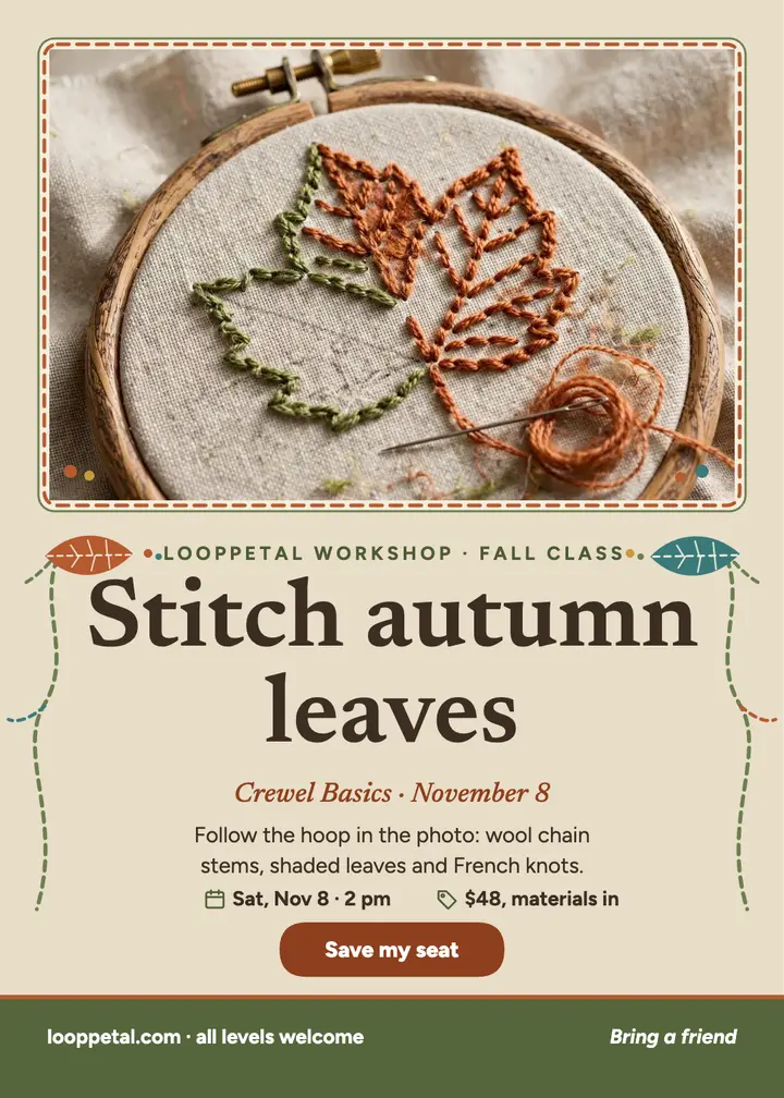 Looppetal fall crewel class invitation: embroidery class invitation template