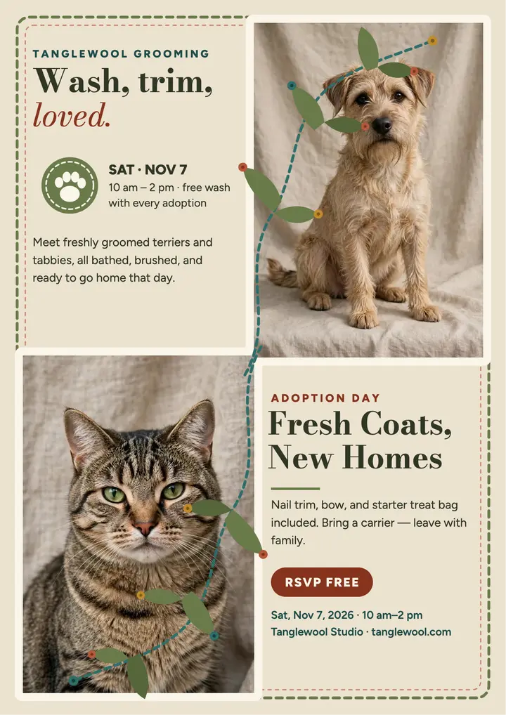 Tanglewool groomer adoption day flyer: pet adoption flyer template