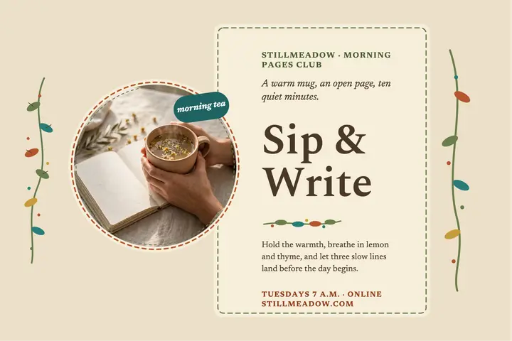 Stillmeadow Sip and Write tea postcard: wellness journal postcard template