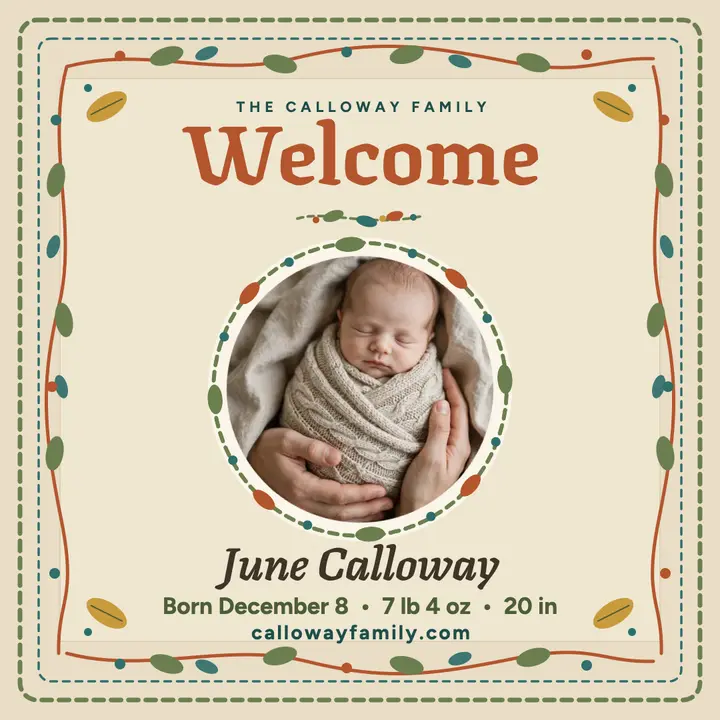 Welcome June Calloway crewel birth post template