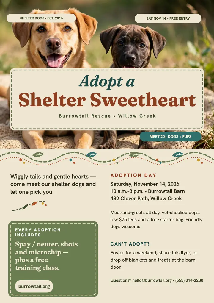 Burrowtail adoption day flyer, crewelwork template