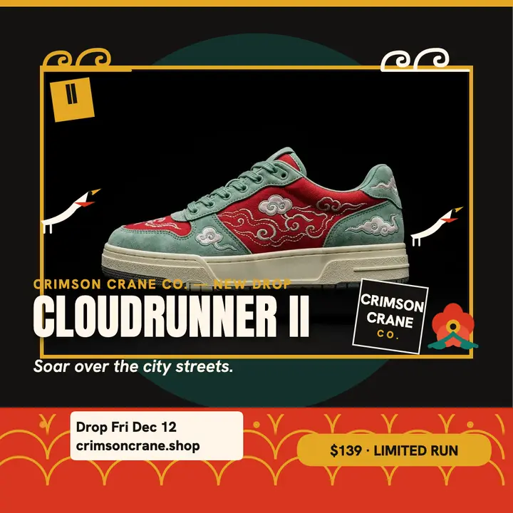 Crimson Crane sneaker drop post: sneaker drop post template