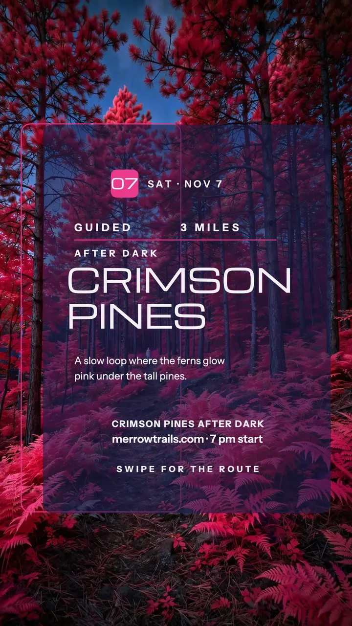 Merrow Trails crimson pines night walk story template