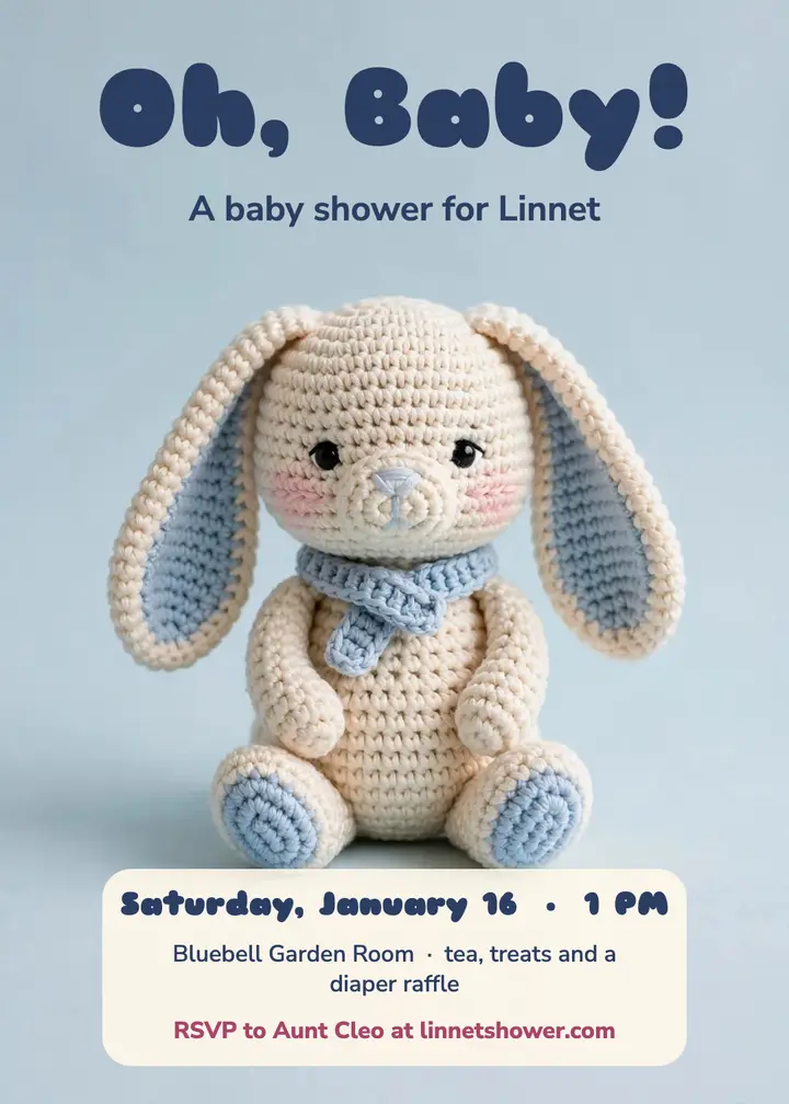 Linnet crochet bunny baby shower invitation: baby shower invitation template