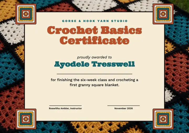 Crochet basics class certificate, granny square template