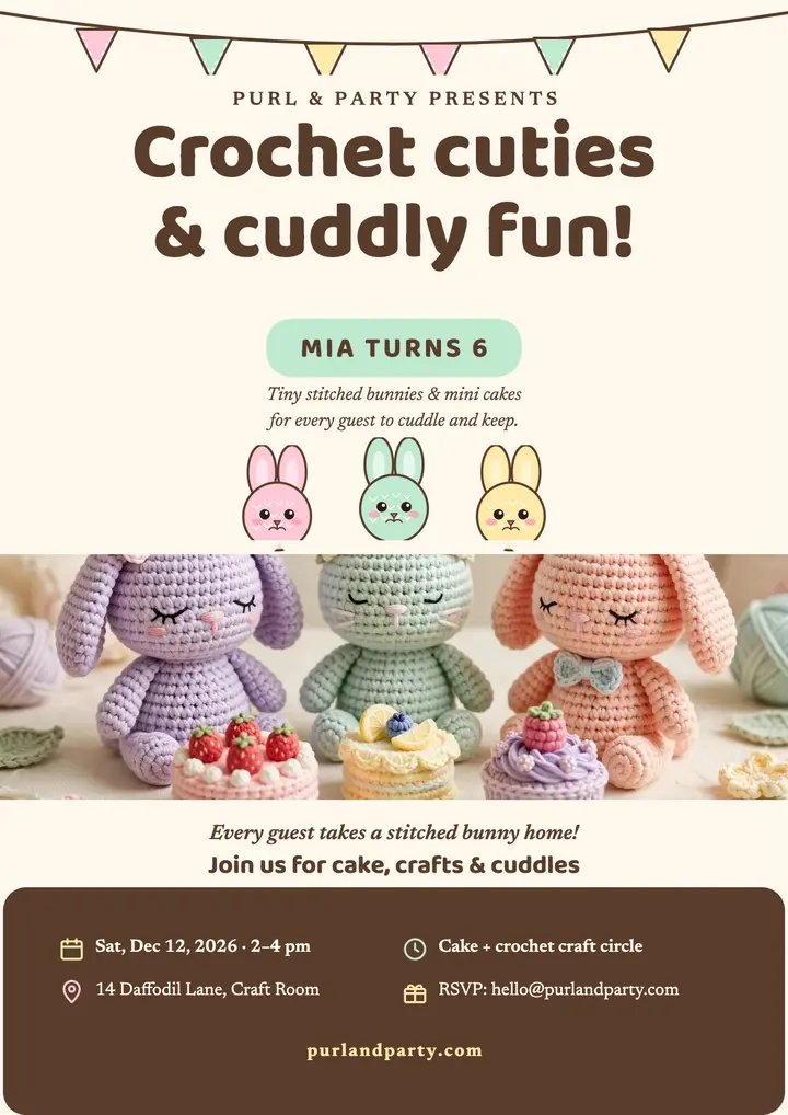 Crochet bunny birthday flyer, party favors template