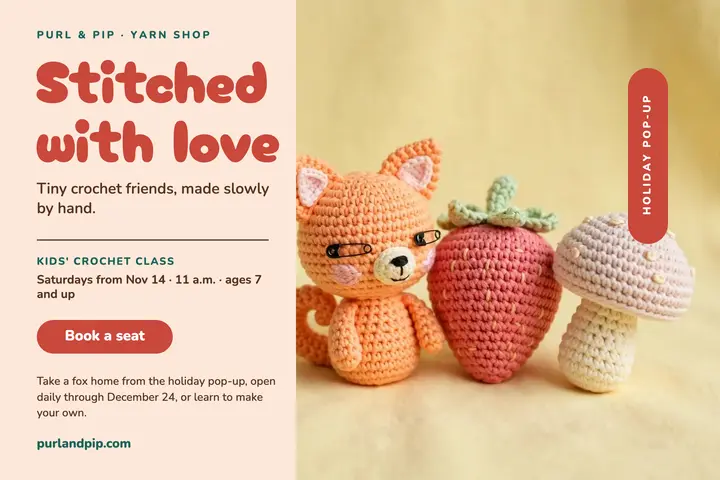 Purl & Pip kids crochet class postcard template