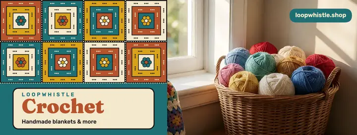 Loopwhistle crochet granny square shop Facebook cover: crochet shop facebook cover template