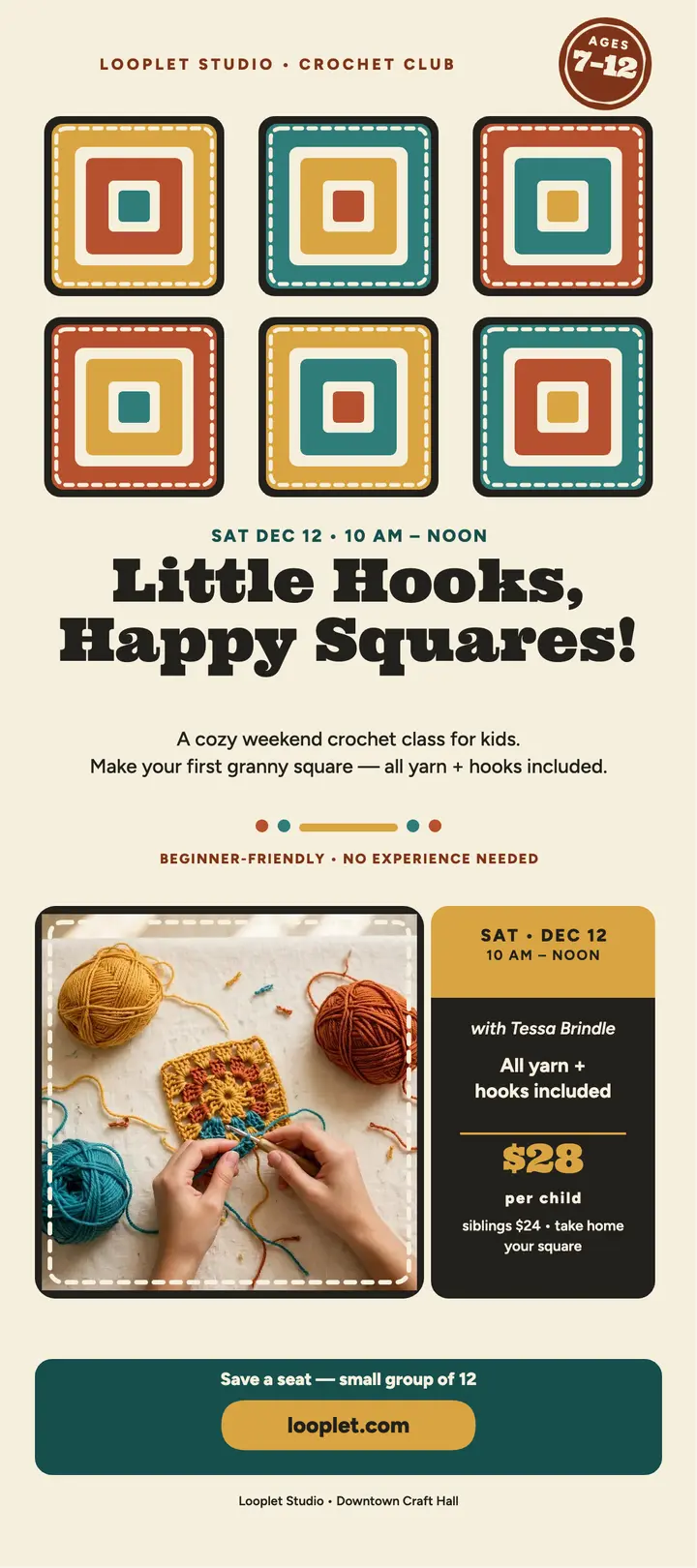 Looplet kids crochet class rack card: kids crochet class card template
