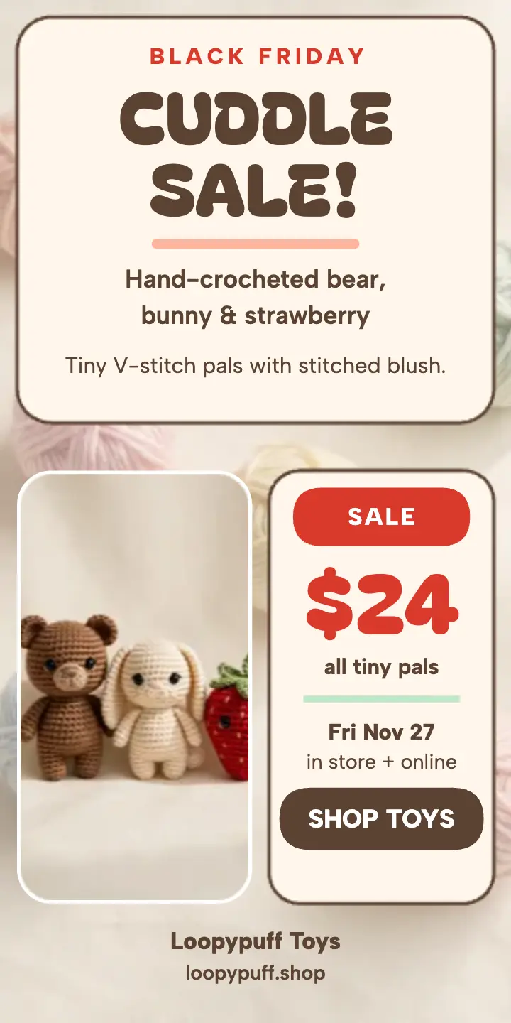 Loopypuff crochet toy Black Friday half page template