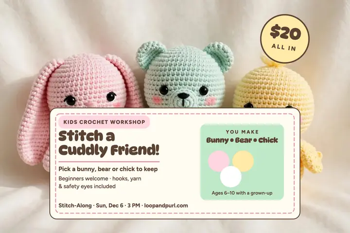 Loop and Purl crochet toy workshop postcard template