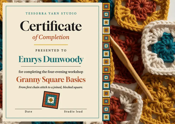 Tessorra Yarn Studio crochet workshop certificate template
