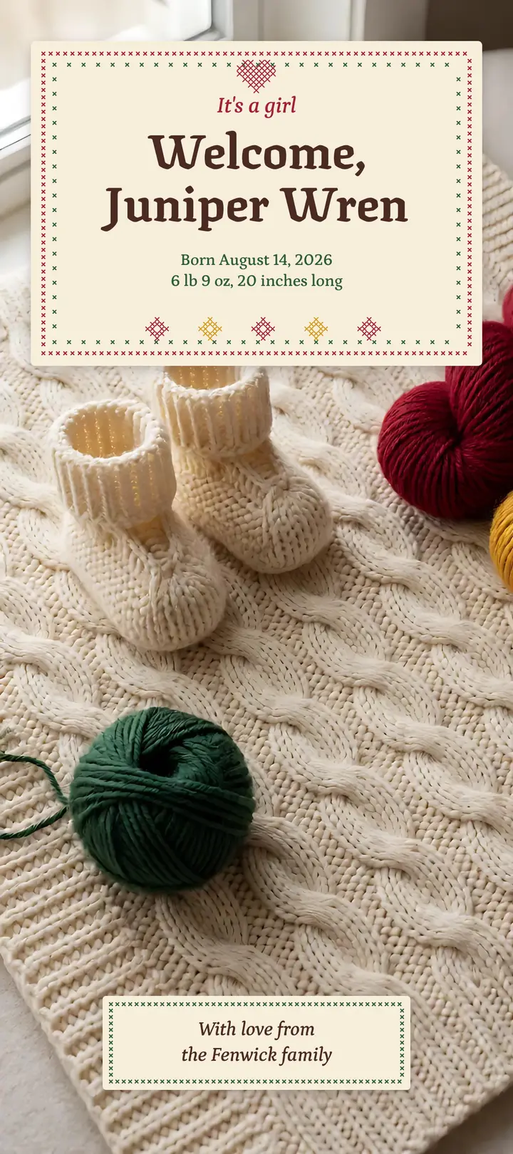 Juniper Wren birth announcement: baby birth announcement card template